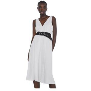 Zara Womens White Sleeveless V-Neck Midi Dress With Black Belt Size L New